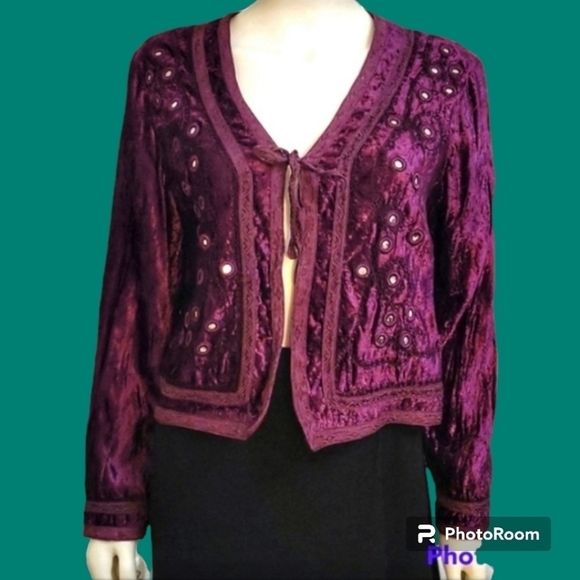 Vtg White STAG 1990s Purple Velour Mirror Sequin Cropped Tie Festival Jacket - Picture 1 of 8